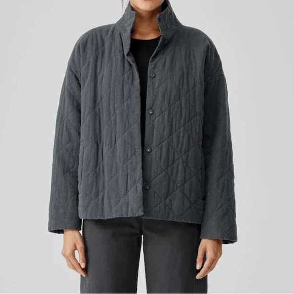 EILEEN FISHER Quilted Jacket XL Graphite Heathered Gray Cotton Boxy Snap Front - Picture 1 of 11